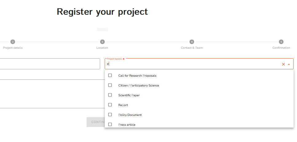 Figure 4: Entering the item/project type with the dop-down menu